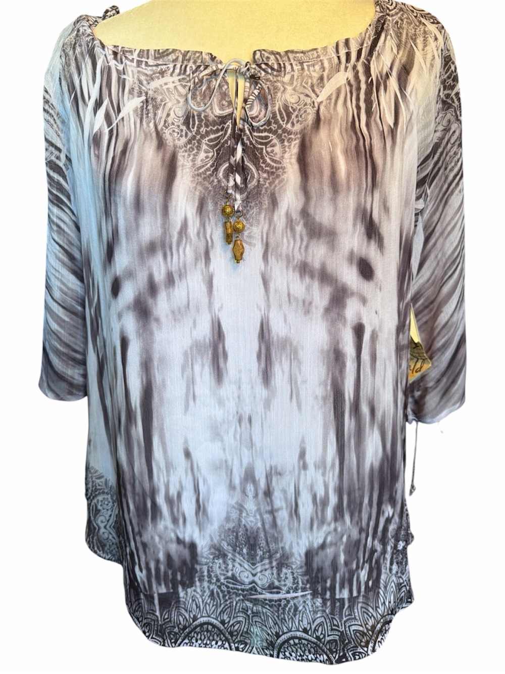 Women’s Gray Ombre Peasant Blouse with Bead Tie